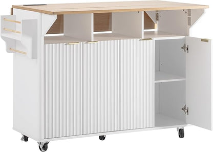 Modern Dining Table Kitchen Island with 2 Drop, Cart Power Outlet, 4 Doors Spice Rack, Rolling Table Faux Marble Top, Curved Edge Wood Console,White-MDF