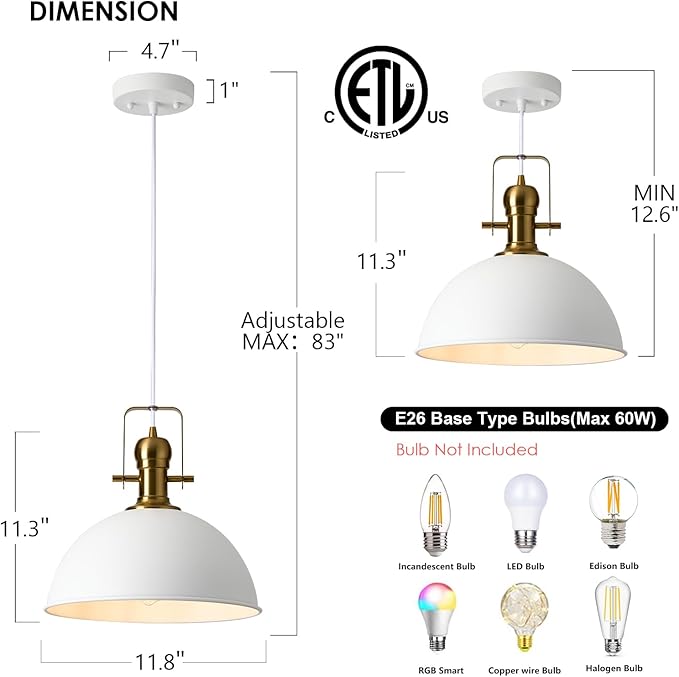 12 Inch Sandy White Farmhouse Pendant Lights for Kitchen Island Industrial Adjustable Height Vintage Dome Hanging Light Fixtures for Barn,Dining Room 3 Packs
