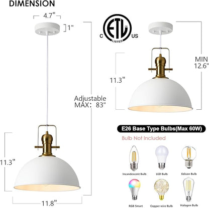 12 Inch Sandy White Farmhouse Pendant Lights for Kitchen Island Industrial Adjustable Height Vintage Dome Hanging Light Fixtures for Barn,Dining Room 2 Packs