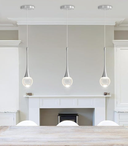 Modern Pendant Light LED Crystal Chandelier for Kitchen Island Dimmable Crystal Pendant Lighting for Dining Room Bedroom Silver
