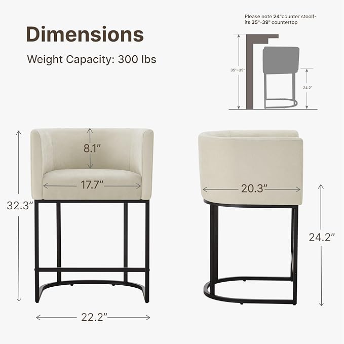 24" Counter Height Bar Stools Set of 2, Modern Barrel Counter Stools with Backrest and Arms, Fabric Upholstered Accent Barstools with Metal Legs for Kitchen Island,Sand