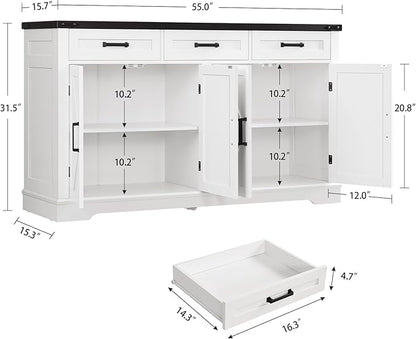 usikey 55”W Buffet Cabinet with 3 Large Drawers & 2 Adjustable Shelves, Modern Farmhouse Sideboard Buffet Cabinet with Storage, Credenza, Coffee Bar, White