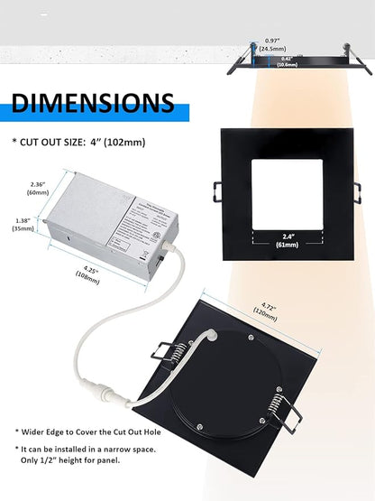 POPANU Recessed Lighting 4-inch Square-LED - Canless Recessed Light Fixture, Dimmable Ceilling Light with Junction Box, 2700|3000|3500|4000|5000K, 9W, Black, 6P