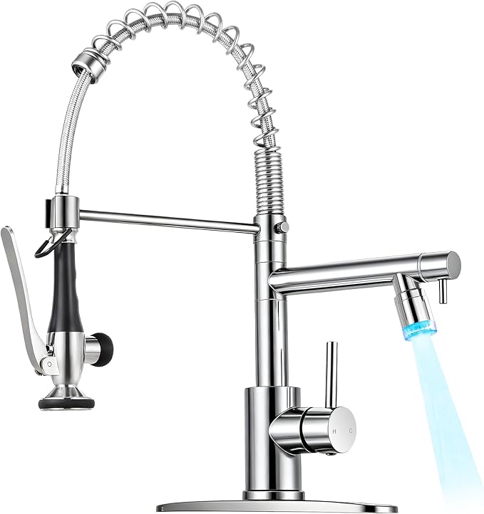 LED Kitchen Faucet with Pull Down Sprayer - Chrome Single Handle Commercial Kitchen Faucets, 2-Spout Stainless Steel Spring Pull Out Kitchen Sink Faucet 1/3 Hole with Deck Plate