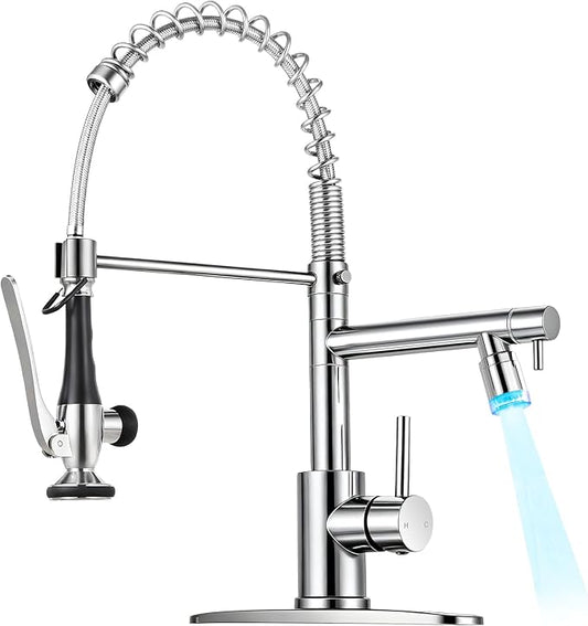 LED Kitchen Faucet with Pull Down Sprayer - Chrome Single Handle Commercial Kitchen Faucets, 2-Spout Stainless Steel Spring Pull Out Kitchen Sink Faucet 1/3 Hole with Deck Plate