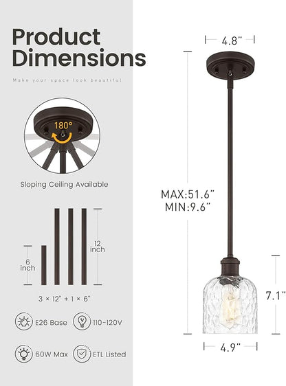 zeyu Farmhouse Hanging Light Fixture, Kitchen Island Pendant Lights, 1-Light Adjustable Hanging Light with Clear Hammered Glass, Oil Rubbed Bronze Finish, ZJF63MIL ORB