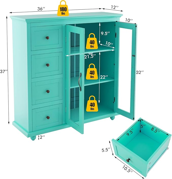 Giantex Buffet Sideboard with Storage - Kitchen Pantry Cabinet with 2 Doors, 4 Drawers, Adjustable Shelf, Freestanding Cupboard Credenza for Kitchen Living Room (Green)