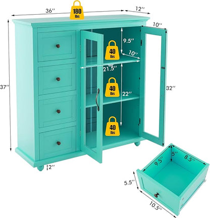 Giantex Buffet Sideboard with Storage - Kitchen Pantry Cabinet with 2 Doors, 4 Drawers, Adjustable Shelf, Freestanding Cupboard Credenza for Kitchen Living Room (Green)