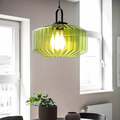 Glass Pendant Light fixtures Kitchen Island Modern Black Pendant Lights with Hand Blown Glass Shade 1-Light Adjustable Cord Ceiling Hanging Lighting for Dining Room Table Bar Sink (Green)