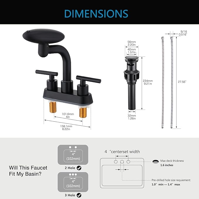 TUTEW Bathroom Sink Faucet 3 Hole Matte Black 4 Inch Centerset，4 Modes Waterfall Bathroom Faucet 2 Handle with 360° Swivel Spout & Pop Up Drain