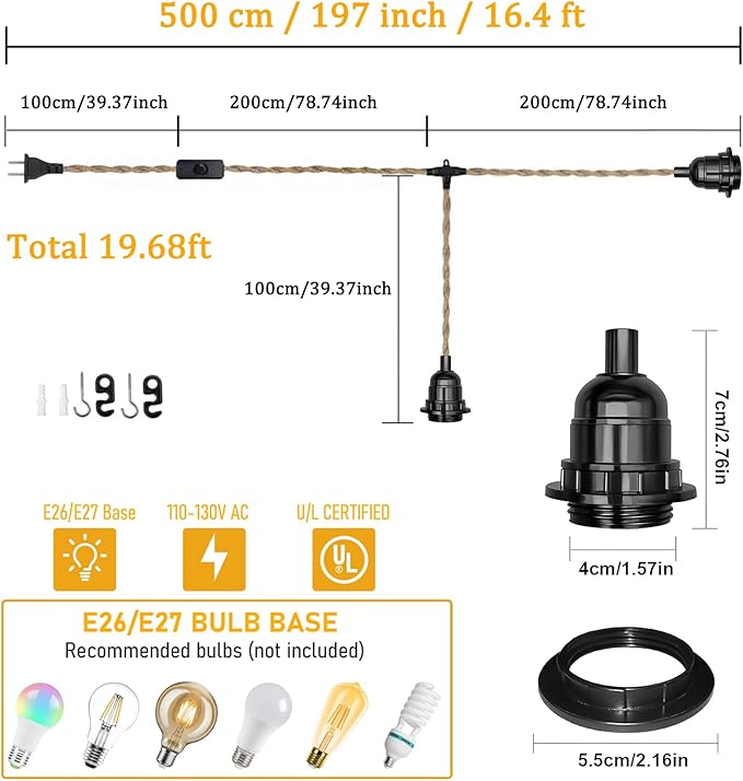 2-Light Plug in Pendant Light Cord, 19.68 ft Hemp Rope Hanging Lights with Switch, 2 Bulbs E26 Sockets Vintage Hanging Lamp Fixtures DIY for Kitchen Island Dining Room Bedroom