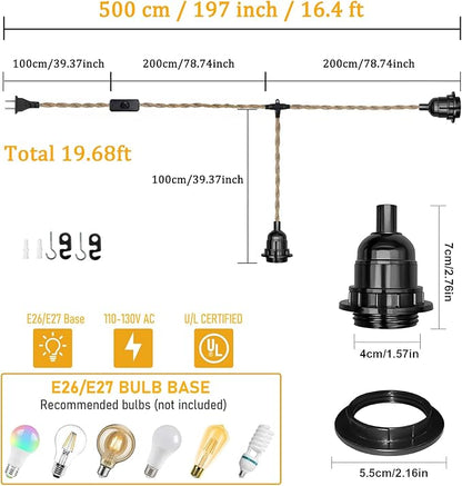 2-Light Plug in Pendant Light Cord, 19.68 ft Hemp Rope Hanging Lights with Switch, 2 Bulbs E26 Sockets Vintage Hanging Lamp Fixtures DIY for Kitchen Island Dining Room Bedroom