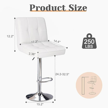 Sweetcrispy Bar Stools Set of 2, Armless PU Leather Adjustable Swivel Barstools, Hydraulic Kitchen Counter Height Thickened Seat Cushion Square Island Countertop Chairs with Back, White