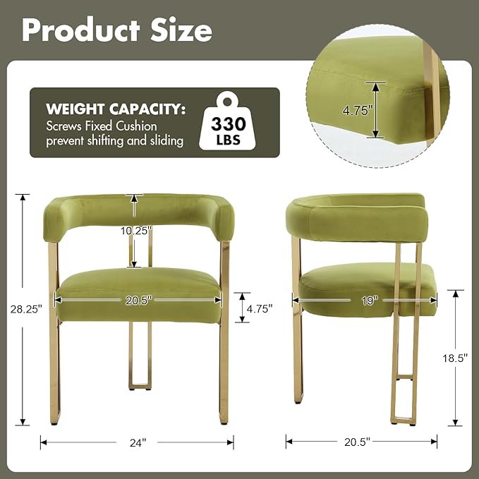 Hyfirm Green and Gold Modern Dining Chairs Set of 2, Velvet Upholstered Barrel Armchairs with Metal Legs for Kitchen Island, Mid Century Accent Chairs for Dining Room Living Room, Open-Back