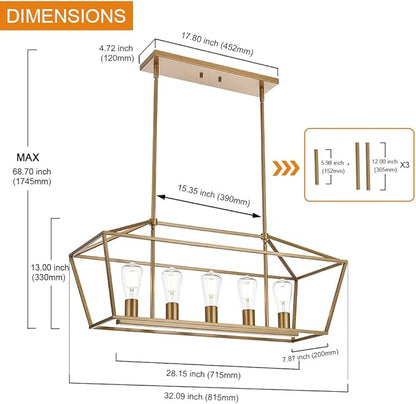 VINLUZ 5 Light Modern Kitchen Island Light in Gold Finish,Industrial Hanging Pendant Lighting Fixture with Metal Frame Linear Lantern Chandelier for Dining Room Foyer Cafe Bar