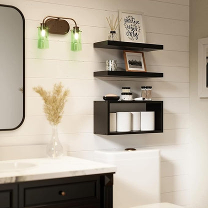 RICHER HOUSE Black Floating Shelves Set of 3, Modern Bathroom Shelves Wall Mounted Shelves for Wall Decor, Over Toilet Black Wall Shelves for Bathroom Bedroom, Living Room, Kitchen