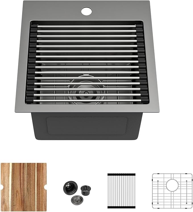 Kichae Black Drop In Bar Sink- 15x15 Small Overmount Topmount Stainless Steel Single Bowl Ledge Workstation Bar Prep Handmade Basin