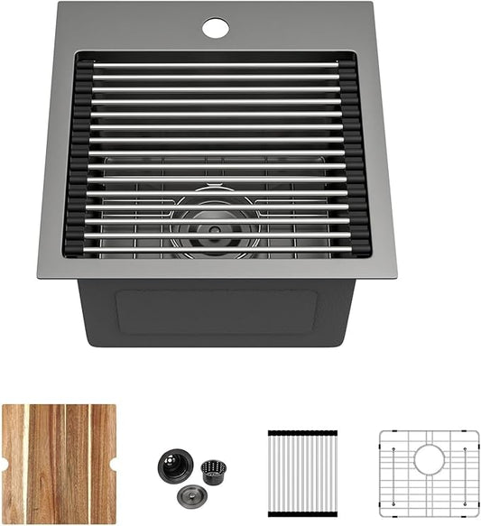 Kichae Black Drop In Bar Sink- 15x15 Small Overmount Topmount Stainless Steel Single Bowl Ledge Workstation Bar Prep Handmade Basin