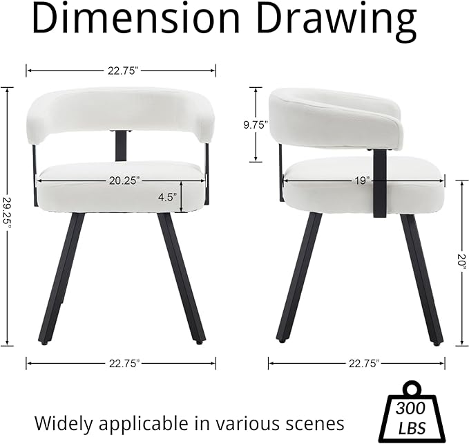 Modern Barrel Dining Chairs Set of 2, White Chenille Upholstered Dining Room Chairs with Arms, Comfy Kitchen Chairs with Black Metal Legs for Dinner Living Room