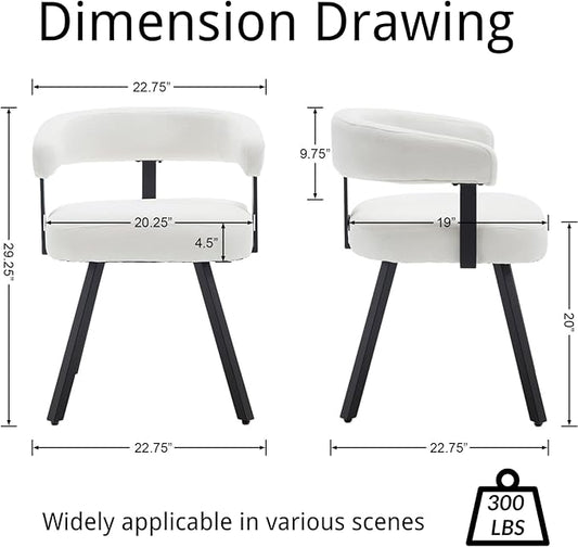 Modern Barrel Dining Chairs Set of 2, White Chenille Upholstered Dining Room Chairs with Arms, Comfy Kitchen Chairs with Black Metal Legs for Dinner Living Room
