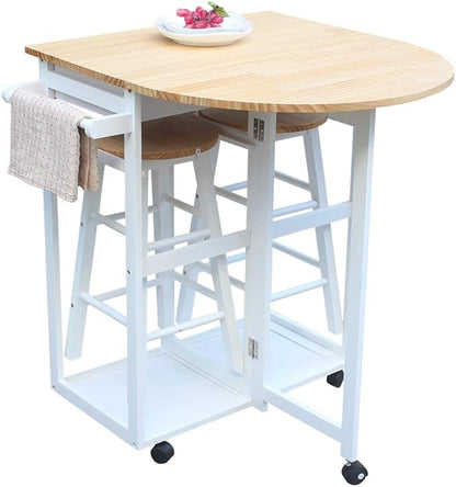 FCH Folding Dining Table and Chair Set, Solid Wood Drop Leaf Breakfast Cart Table Set Kitchen Trolley Island Cart with 2 Round Stools and 2 Drawers for 2