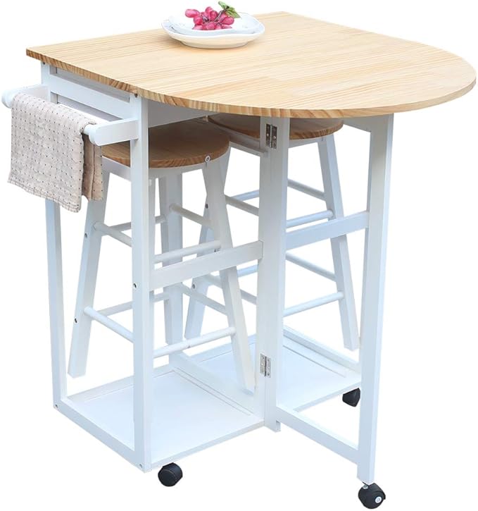 Foldable Dining Table Set, Kitchen Island Trolley Cart with 2 Stools and 2 Drawers Solid Wood Drop Leaf Table Breakfast Cart Bar Dining Room Serving Cart (Semicircle Dining Cart White 2)