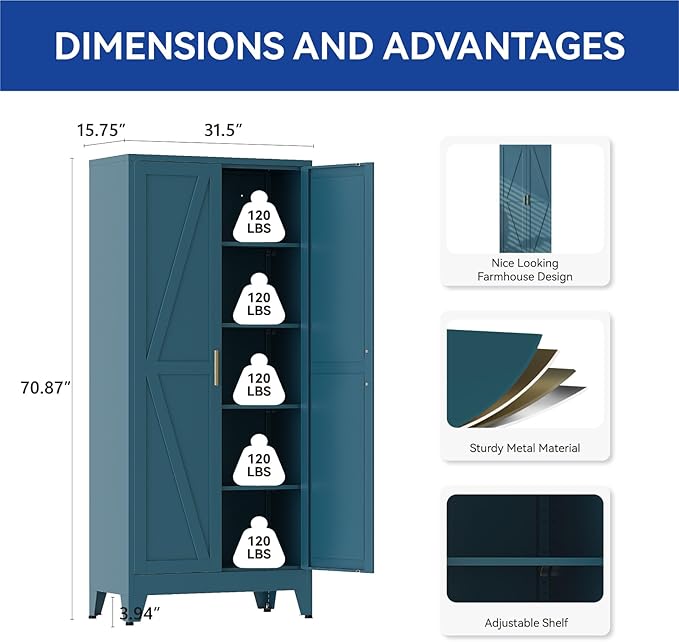 COFaR Metal Pantry Cabinet with Doors, Farmhouse 71'' Tall Storage Cabinet with 4 Adjustable Shelves, Kitchen Pantry Cabinet for Dinning Room, Laundry, Peacock Blue 5-Tier