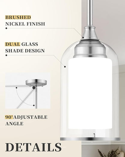 LIROUVET Modern Pendant Lights - Dual Glass Pendant Lights Kitchen Island, Brushed Nickel Hanging Lamp with Clear and Milk Glass, 1=Light Pendant Lighting for Kitchen, Dining Room, PL02BN