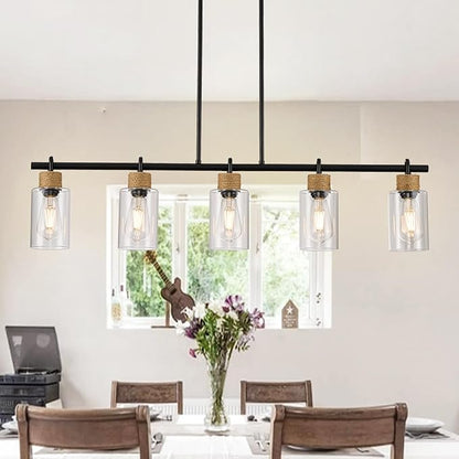 5-Light Linear Chandeliers, Black Kitchen Pendant Lighting Over Island, Farmhouse Dining Room Light fixtures with Jute Rope & Clear Glass Shades(Black 5 Light)