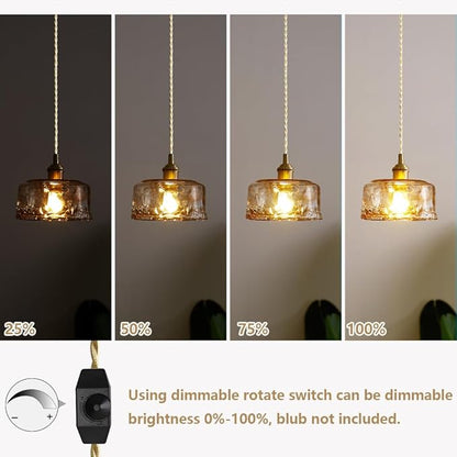 Glass Pendant Lights Kitchen Island Plug in Pendant Light with Dimmable Switch Amber Glass Lampshade for Bedside Dining Room Foyer, Brass
