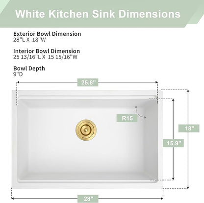 White Kitchen Sink,Granite Composite Undermount Kitchen Sink,Single Bowl Drop In Kitchen Sinks (28" X 18")