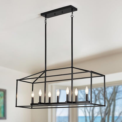 Dining Room Chandelier,7 Light Kitchen Island Light Modern Farmhouse Chandeliers Contemporary Pendant Light Matte Black Finish Rectangle Modern Pendant Light Adjustable Height