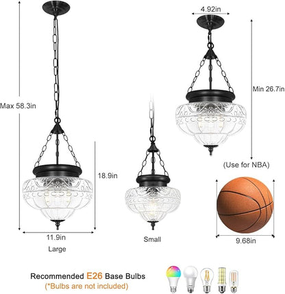 3-Light Matte Black Pendant Lights with 12In Floral Glass, Penant Lighting Fixtures with Adjustable Chain, Vintage Pendant Lights Kitchen Island, Hanging Light Fixtures for Dining Room, Entryway, E26