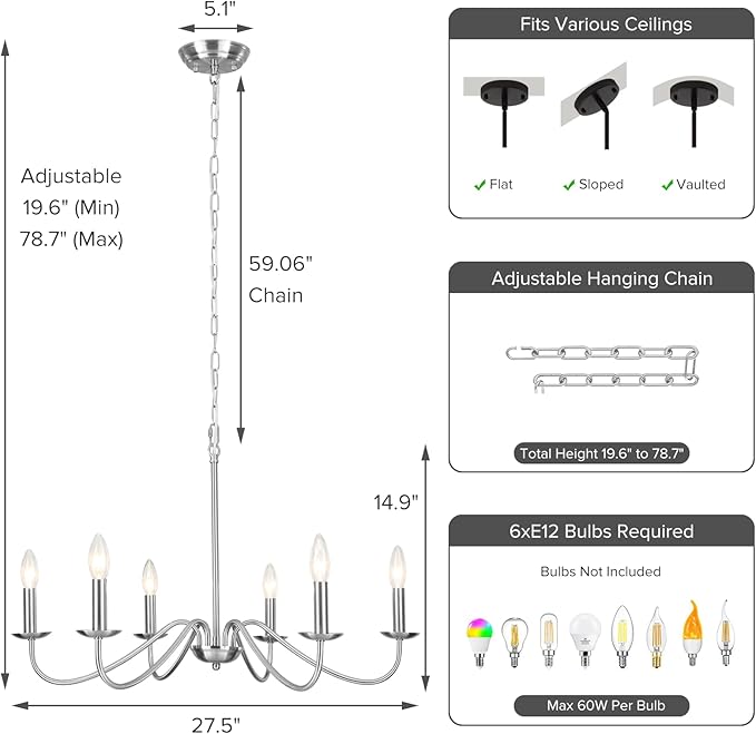 6-Light Brushed Nickel Chandelier, Modern Candle Chandelier Light Fixture, 27.5'' Contemporary Dining Room Chandelier for Kitchen Island Living Room Entryway Foyer