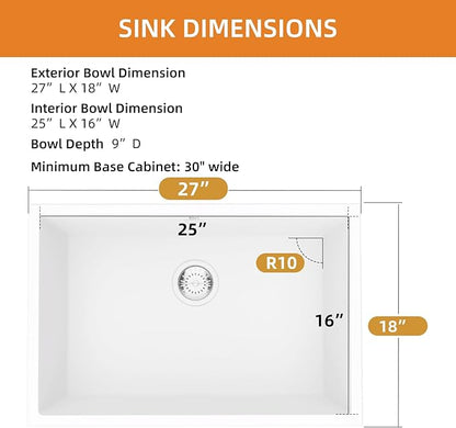 Quartz Kitchen Sink, 27 Inch White Undermount Kitchen Sinks, Deep Single Bowl Granite Composite Sink, Modern Sinks Providing Complete Accessories, Spacious Workspace and Easy Cleaning
