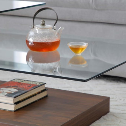 Glass Coffee Table with Storage, 44 Inch Rectangular Coffee Tables for Living Room, 3-Tier Tempered Glass Wooden Center Table Modern Accent Cocktail Table for Home Office (Walnut)