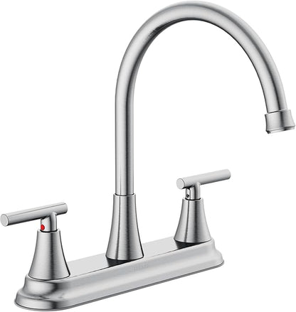 HURRAN 2 Handle Kitchen Sink Faucet, 8 Inch High Arc 360°Swivel Kitchen Sink Faucet, 3 Hole Kitchen Faucet Without Side Sprayer, Centerset RV Kitchen Faucet with Stainless Steel Pipe, Nickel