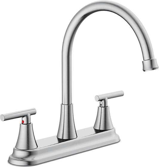 HURRAN 2 Handle Kitchen Sink Faucet, 8 Inch High Arc 360°Swivel Kitchen Sink Faucet, 3 Hole Kitchen Faucet Without Side Sprayer, Centerset RV Kitchen Faucet with Stainless Steel Pipe, Nickel