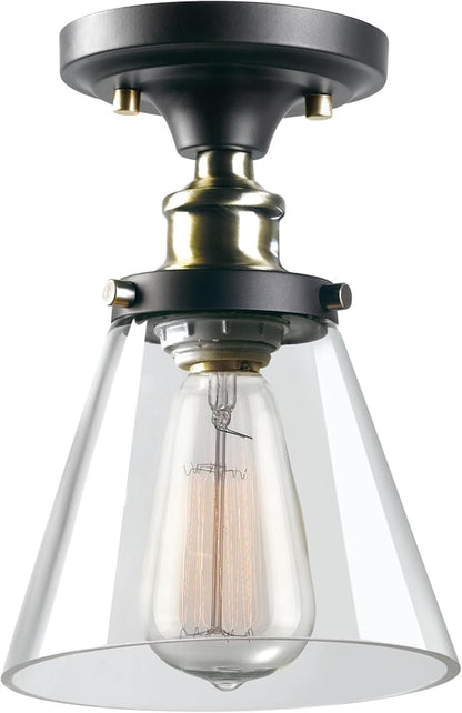 GLOBE Electric 65380 1-Light Flush Mount Ceiling Light, Dark Bronze, Antique Brass Accents, Glass Shade, Bedroom Lighting Fixtures Ceiling, Dining Room Fixture, Lighting for Hallway