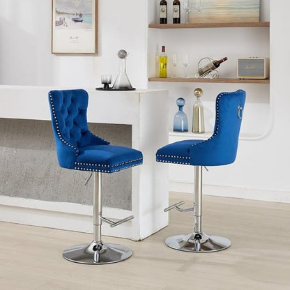 Set of 2 Thick Chrome Swivel Velvet Barstools,Adjustable 25-33" Height,with17.7 Base,Sponge&Spring Seat,for Home Pub&Kitchen Island(Blue) (Blue + Velvet + Foam)