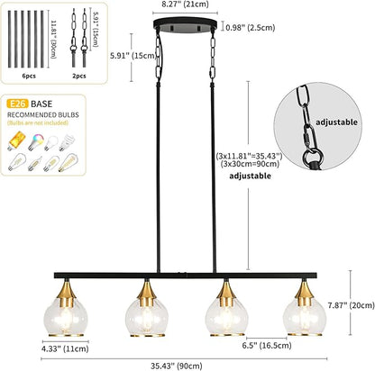 Island Light for Kitchen, 4-Light Kitchen Island Chandeliers Black and Gold Linear Hanging Pendant Light, Matte Black Farmhouse Dining Room Light Fixture Over Table with Clear Round Glass Shades