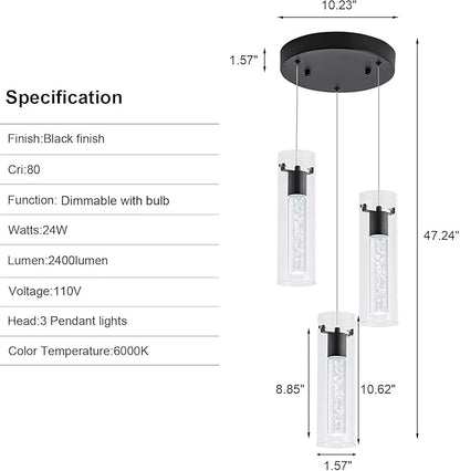 Kitchen Lighting Pendant, Modern Pendant Light with Black Finish, Pendant Lights for Kitchen Island Restaurant, Dining Room(3 Light)