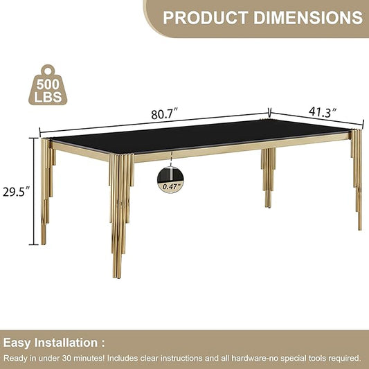Rectangle Glass Dining Table, 81" Black Tempered Glass Desktop with Gold Mirrored Stainless Steel Legs, Modern Elegance for 8-10 People, for Kitchen, Living Room, Office