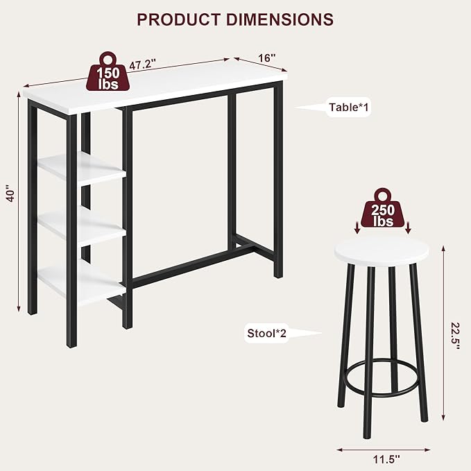 Amvove Bar Table and Chairs Set for 2, Kitchen Island with Storage Shelves Kitchen Table with 2 Bar Stools Counter Height Dining Table Set Breakfast Nook for Small Space & Kitchen,High Top Table