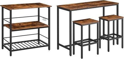 HOOBRO Bar Table Set and Kitchen Island, 47.2” Bar Table and 2 Bar Stools, Kitchen Counter with Hooks and Protective Rails for Kitchen, Living Room, Dining Room, Rustic Brown BF52BT01-BF02ZD01