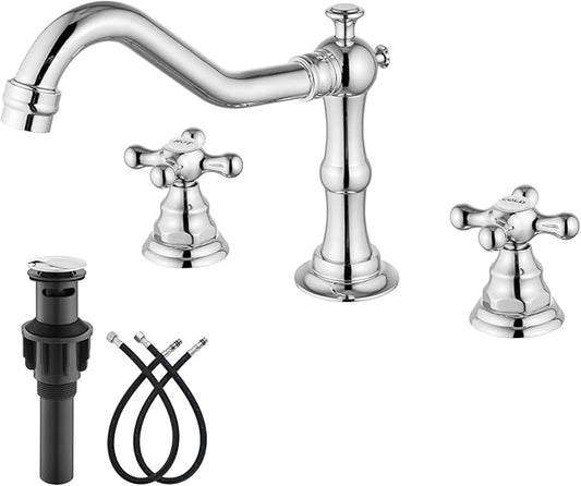 gotonovo Bathroom Faucet 3 Hole 8 Inch Widespread Bathroom Sink Faucet 2 Cross Handles Vintage Lavatory Vanity Mixer Tap with Pop Up Drain, HOT Cold Label, Polish Chrome