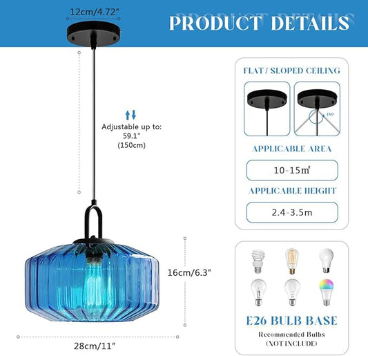 Glass Pendant Light Fixture Vintage Modern Pendant Lights with Blue Hand Blown Glass Shade Mid Century Black Adjustable Cord Ceiling Hanging Lighting for Dining Room Kitchen Island