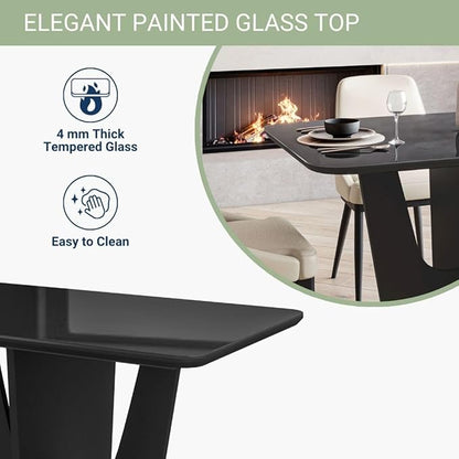 Modern Painted Glass Dining Table for 4 with Tempered Glass Top and Contemporary Wood Base, Elegant and Compact Italian-Style Design for Dining Rooms, Black