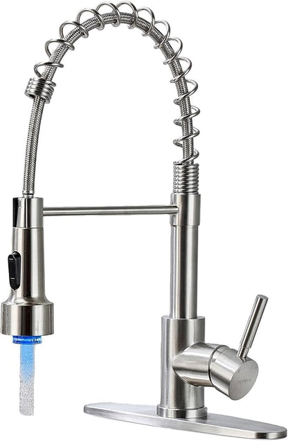 LED Kitchen Faucets with Pull Down Sprayer, Brushed Nickel Modern Single Handle Stainless Steel Pull Out Spring Sink Faucet with LED Light for RV Bar Farmhous Laundry Outdoor