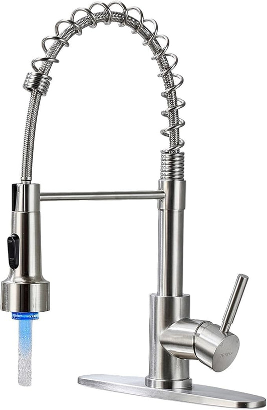 LED Kitchen Faucets with Pull Down Sprayer, Brushed Nickel Modern Single Handle Stainless Steel Pull Out Spring Sink Faucet with LED Light for RV Bar Farmhous Laundry Outdoor